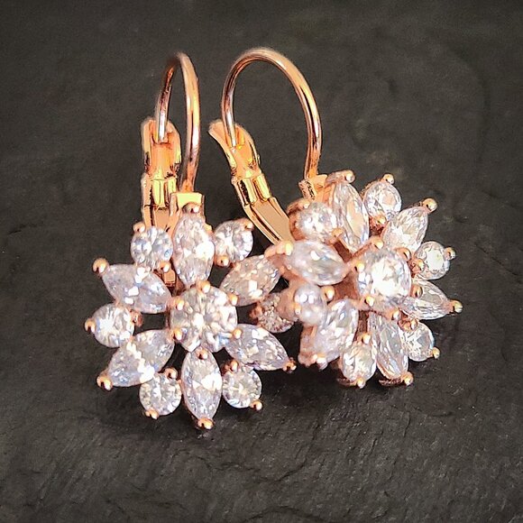Kachina Jewelry Jewelry - Rose Gold CZ Earrings Flower Design Leverback